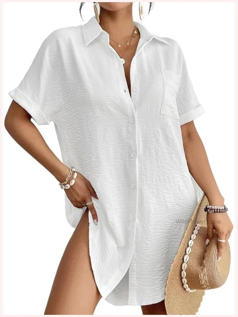 Short Sleeve Button Down Shirt Dress Cover Up Beach Vacation Outfit